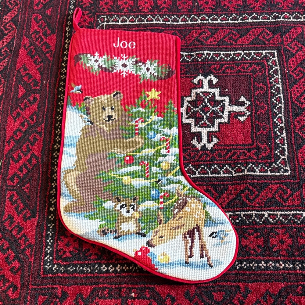 L.L. Bean Festive Red Christmas Stocking with Bear and Reindeer Design